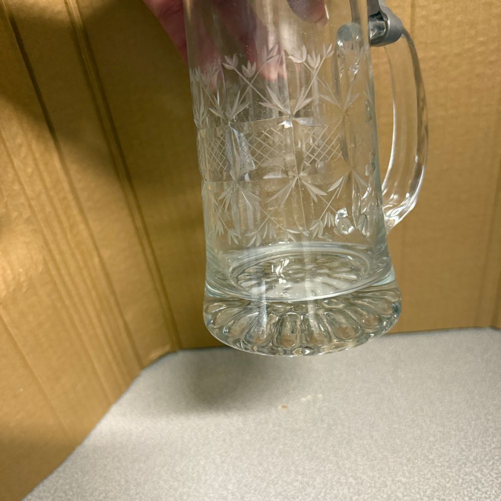 Vintage Glass Beer Stein with Ornate Pewter Lid Crystal Cut Design - Picture 4 of 6